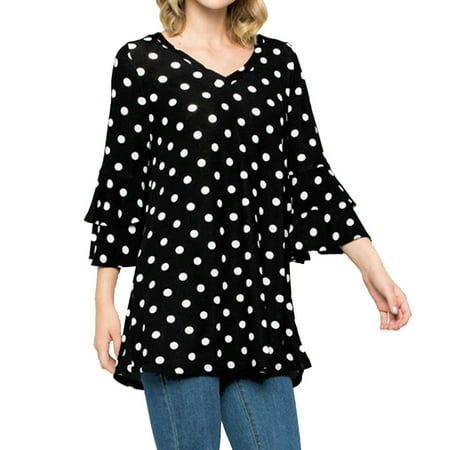 - Nlife Women Trumpet Sleeve V Neck Polka Dots Print Long Blouse