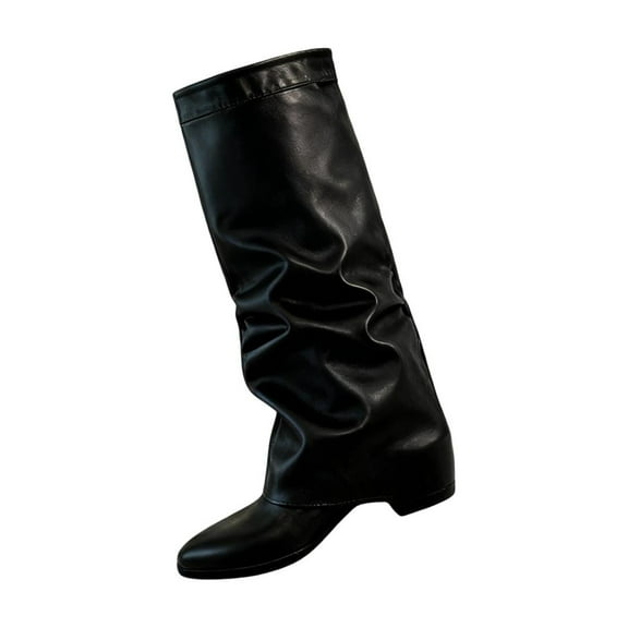 Willtoo Boots for Women Knee High Fold Over Boots Wedge Heel Slouchy Tall Boot Zipper Pointed Toe Dress Fall Winter Long Boot for Women with Non Slip Sole Black
