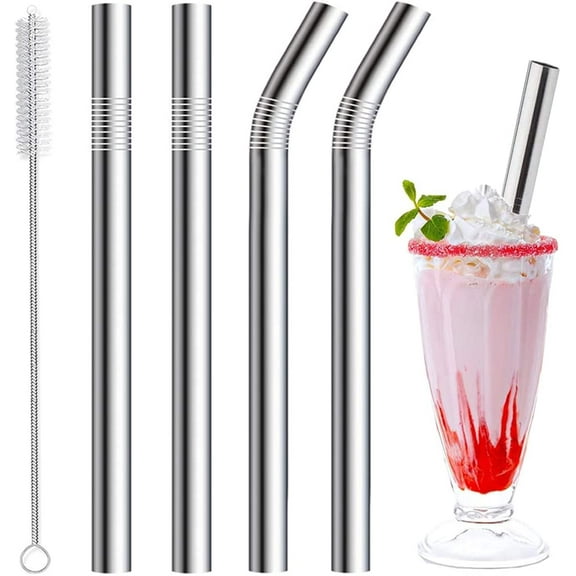 Stainless Steel Smoothie Straws, 0.4'' Extra Wide Reusable Metal Drinking Straws for Milkshake, Boba, Smoothie, Beverage, Set of 4 with 1 Cleaning Brush