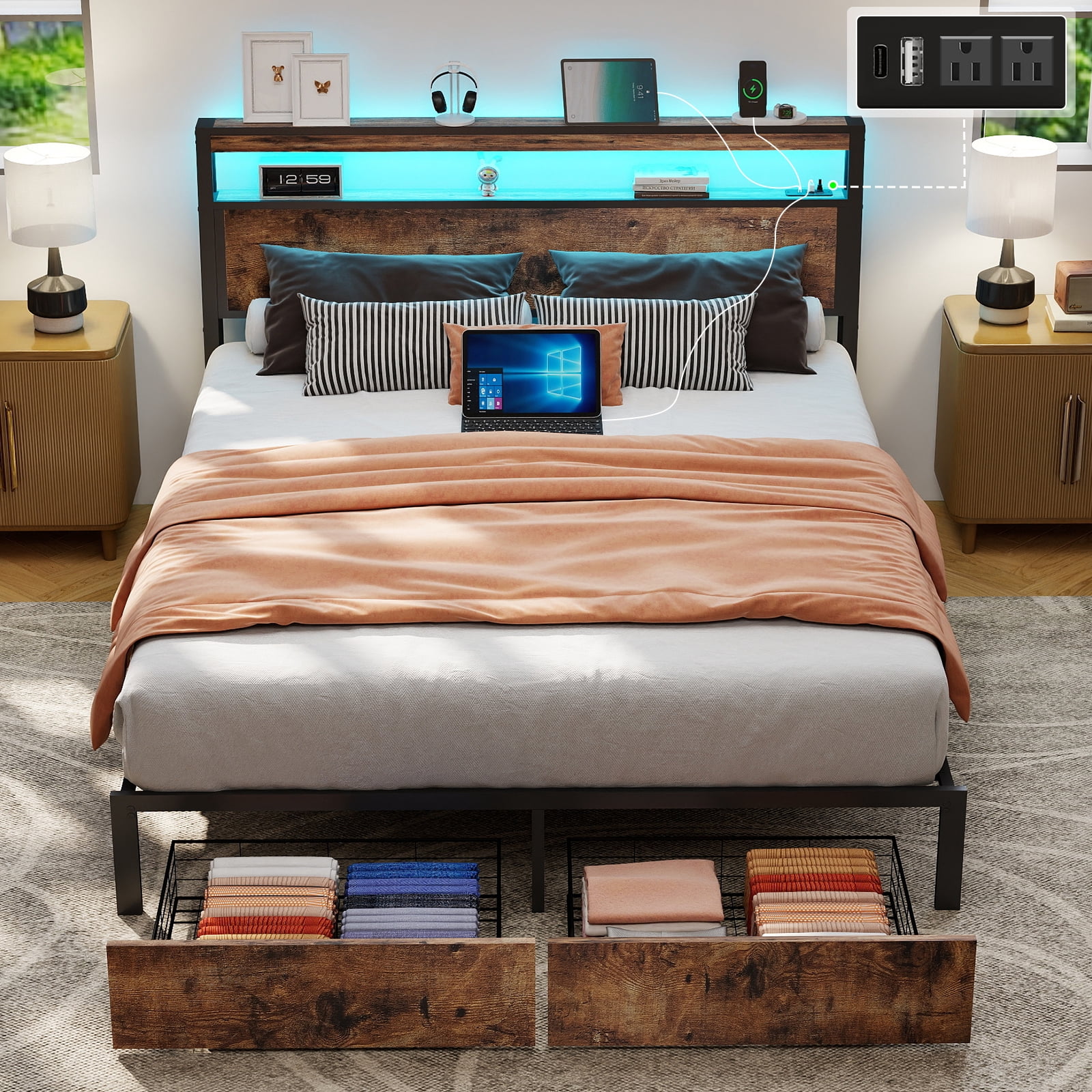 DRNANLIT Full Bed Frame with 2-Tier Storage Headboard, Metal Bed Frame with 2 Drawers & Built-in Charging Station & LED, Noise-Free, No Box Spring Needed, Easy Assembly,Brown