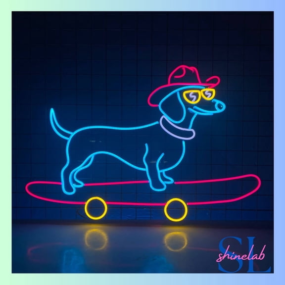 Shinelab Cowboy Dachshund Skateboarding Neon Sign, Dog Wall Art Light, Pet Home Wall Decor 01077