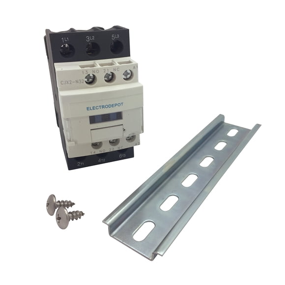Electrodepot 30 Amp 3 Pole Contactor, 110-120V Coil, Motor Load 32A, Lighting 40A, 50A Bundle with Slotted Steel Zinc Plated DIN Rail, 35 Millimeters x 6 Inches – 1 Piece with 2 Number 10 Screws