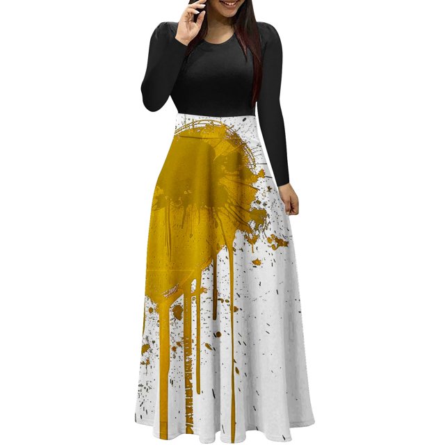 Dress for Women Casual,3/4 Sleeve Dress,Womens Fashion Printed Long Sleeve Round-Neck Pullover Patchwork Dress