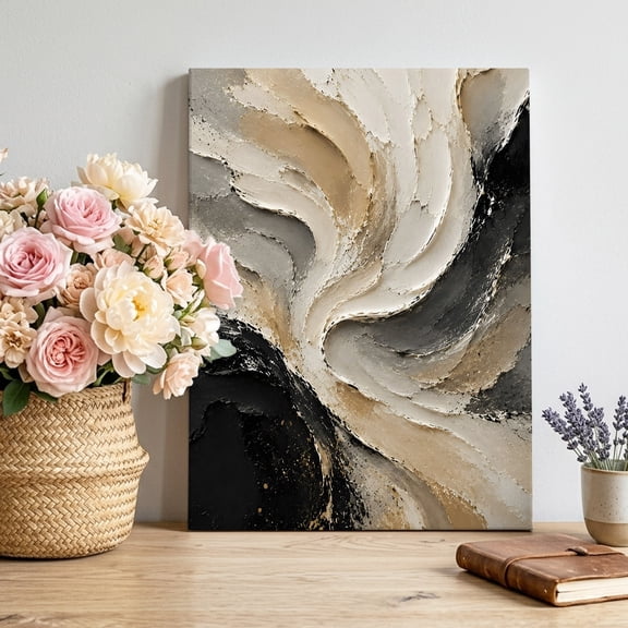 Canvas Wall Art Black Beige Waves Canvas Art Print Modern Farmhouse Abstract Minimalist Lines Pictures Wall Decor for Living Room Bedroom Artwork Decorations Stretched Framed Ready to Hang 24"x32"