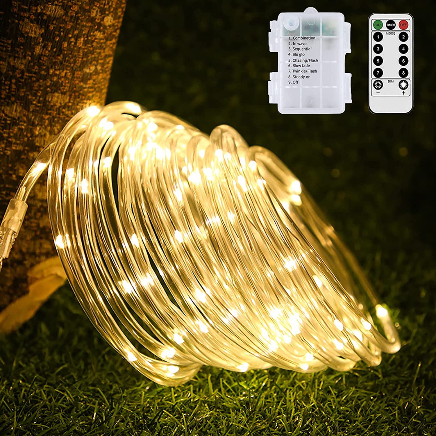 Morttic LED Rope Lights Battery Operated, 33Ft 100 LEDs Outdoor/Indoor