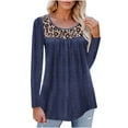 thumbnail image 1 of Pompotops Fashion Women Casual Loose Leapard Printed Irregular Splicing Round Neck Tees Tops, 1 of 8