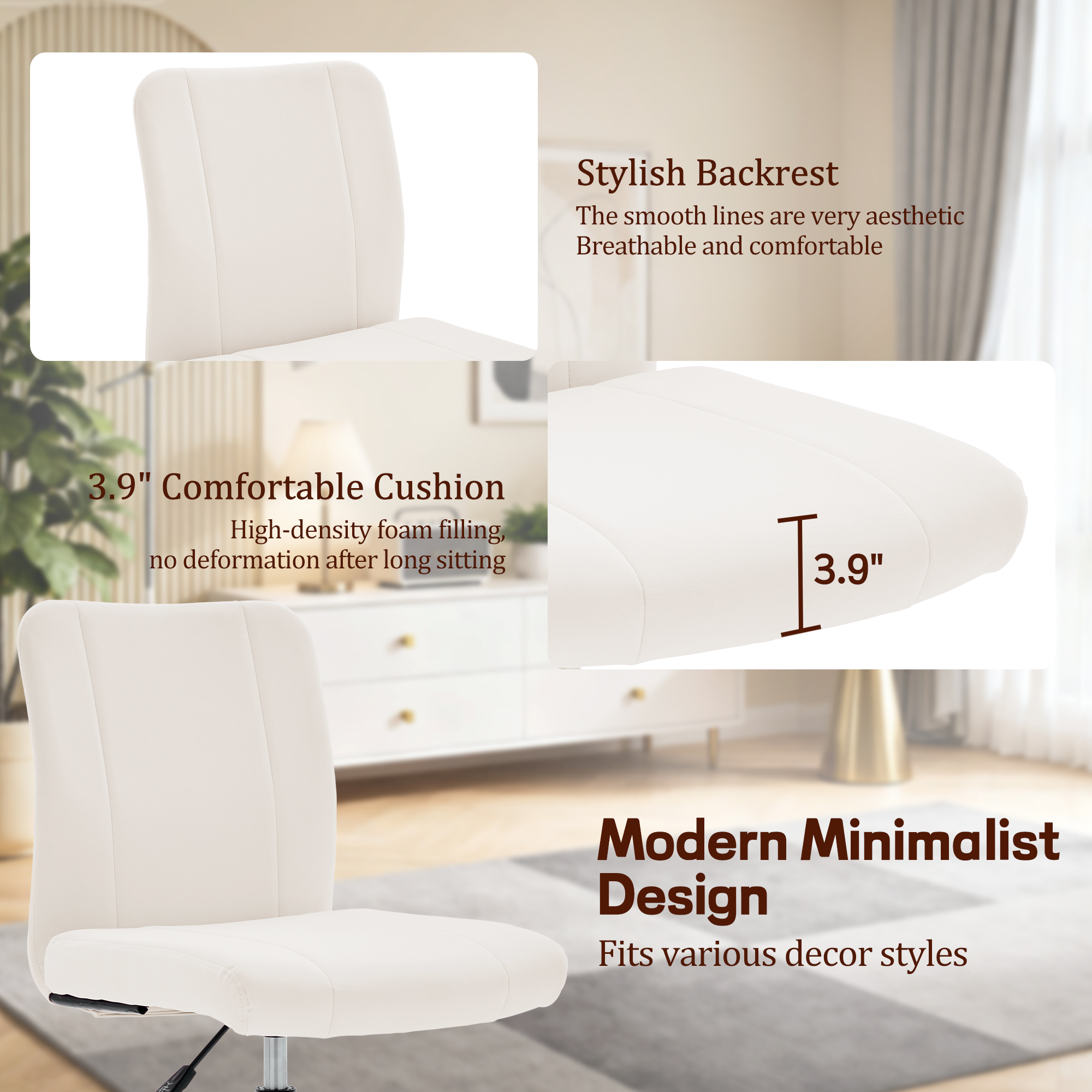 Korser Armless Home Office Desk Chair with Back Modern Vanity Chair with Adjustable Height,360° Swivel Task Chair,Velvet,Beige