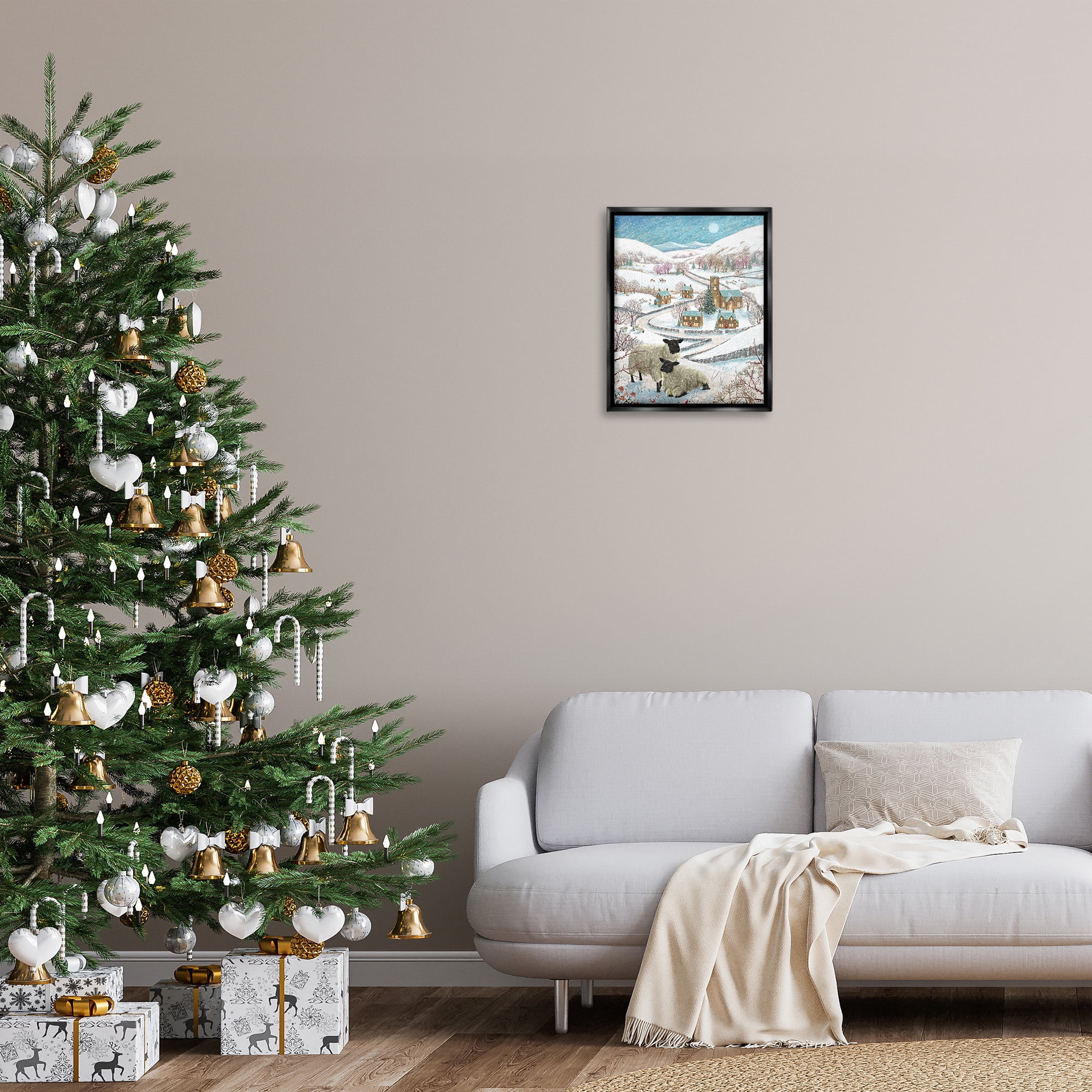 Stupell Industries Sheep on Wintery Hill Animals & Insects Painting Black Floater Framed Canvas Art Print Wall Art, 17 x 21