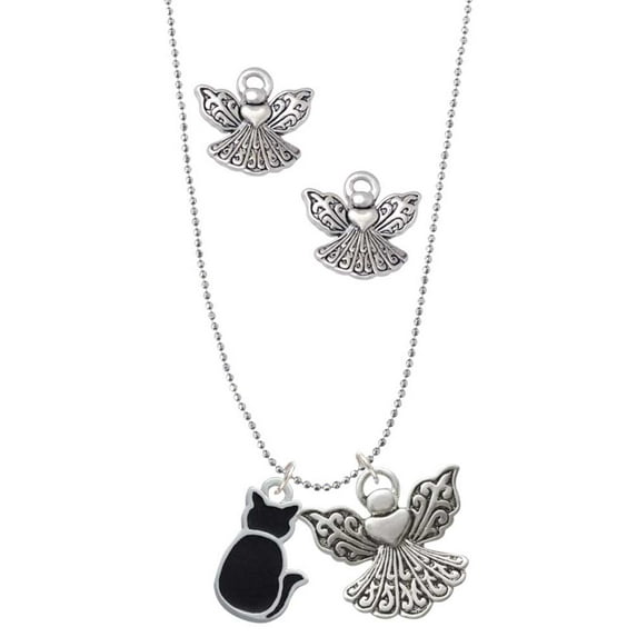 Delight Jewelry Silvertone Large 2-D Black Cat Back Silver tone Guardian Angel Charm Necklace and Stud Earrings