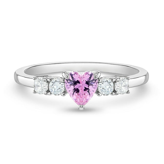 Bague pour Enfants Taille 5 Solitaire Cœur Tourmaline Rose Simulée - Argent Sterling