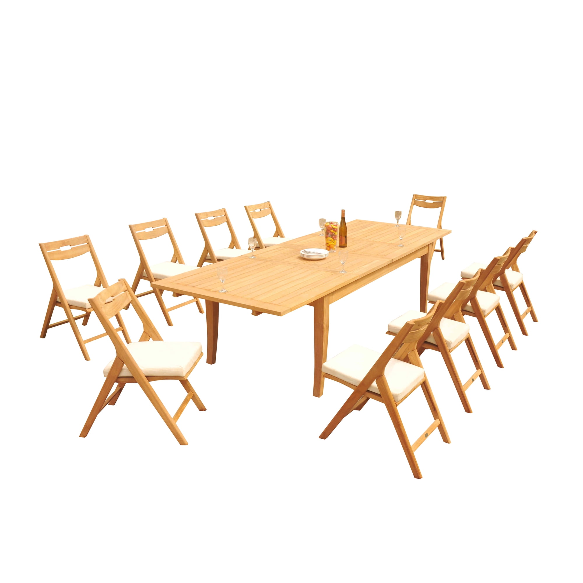 11-Piece Teak Dining Set: 122 Rectangular Extendable Table + 10 Surf Folding Armless Chairs