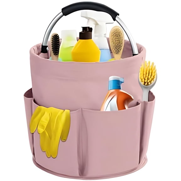 17L Cleaning Caddy with Handle, Cleaning Supplies Organizer, Foldable Storage Basket, Cleaning Supply Caddy, Portable Multi Cleaning Bucket Bag for Home, Garden (Pink)