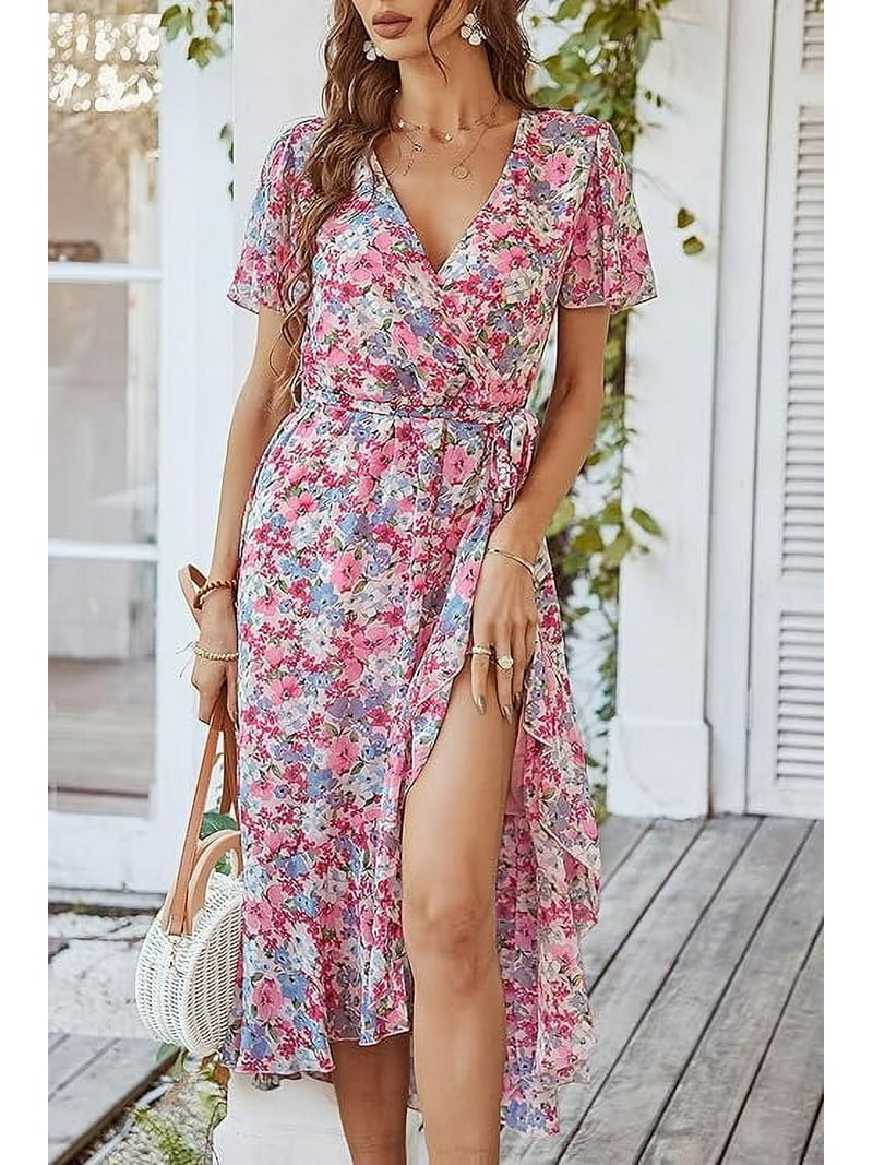 short sleeve boho dress Wedding Dress, Flutter Sleeve Wedding Dress, Garden Wedding Dress, Short Sleeve Wedding Gigio Beautiful bold modern artistic leaf patterned print on midi dress with binding waist trim and a V neck and pockets PRETTYGARDEN Women's Floral Boho Dress