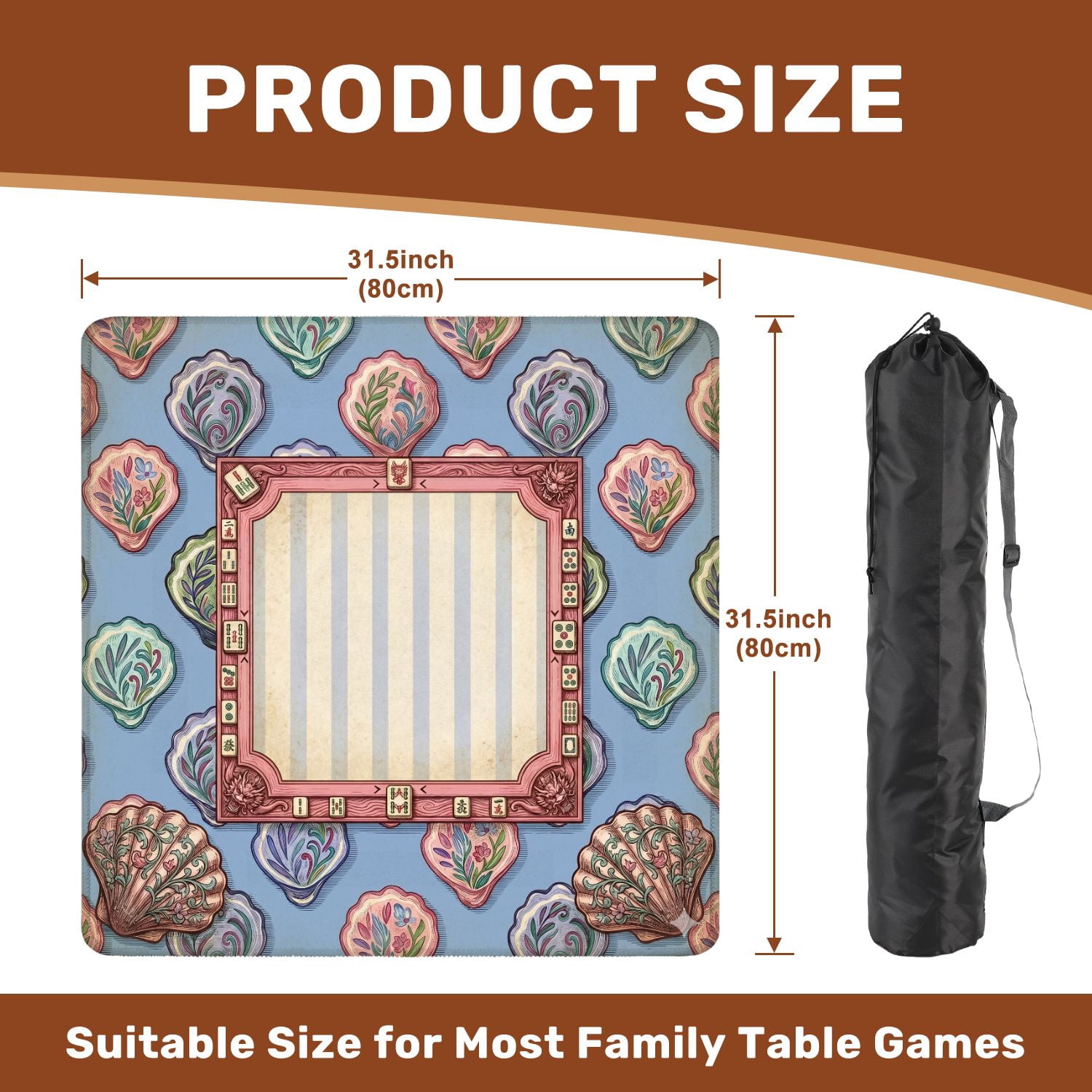 Mahjong Mat 31.5" x 31.5" Vintage Shell Floral Elegant Non-Slip Noise Reduction American Mahjong Tiles Table Cover for Dominoes Poker Card Board Games Gift