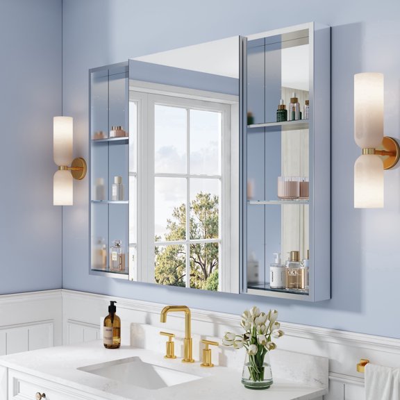 ANGELES HOME 48 in. x 36 in. Aluminum Bathroom Medicine Cabinet and Open Shelf Set, Copper-Free Tri-View Mirror with Soft-Close Blum Hinges, Recessed or Surface Mount
