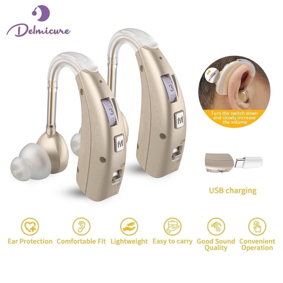 Delmicure Digital Hearing Aids for Seniors, Rechargeable, Pair, VHP-1303, Gold