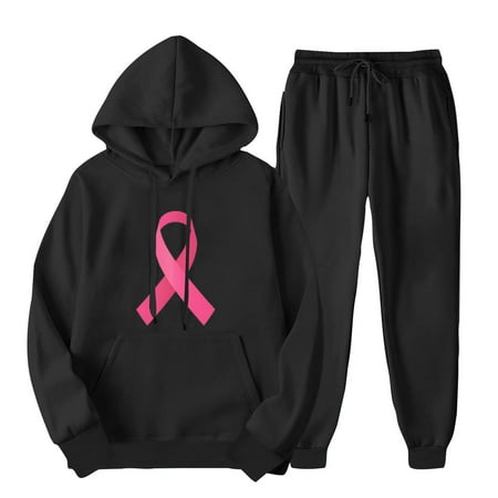 aohooy Hoodie Sweatpants Set Women Women s 2 Piece Outfits Breast Cancer Pink Ribbon Graphic Drawstring Long Sleeve Hoodies Sweatshirt and Sweatpants Set 2024 Black XL