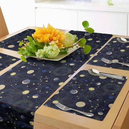 

Night Sky Table Runner & Placemats Retro Style Sky Illustration with Cosmic Elements Set for Dining Table Decor Placemat 4 pcs + Runner 16 x90 Indigo Brown by Ambesonne
