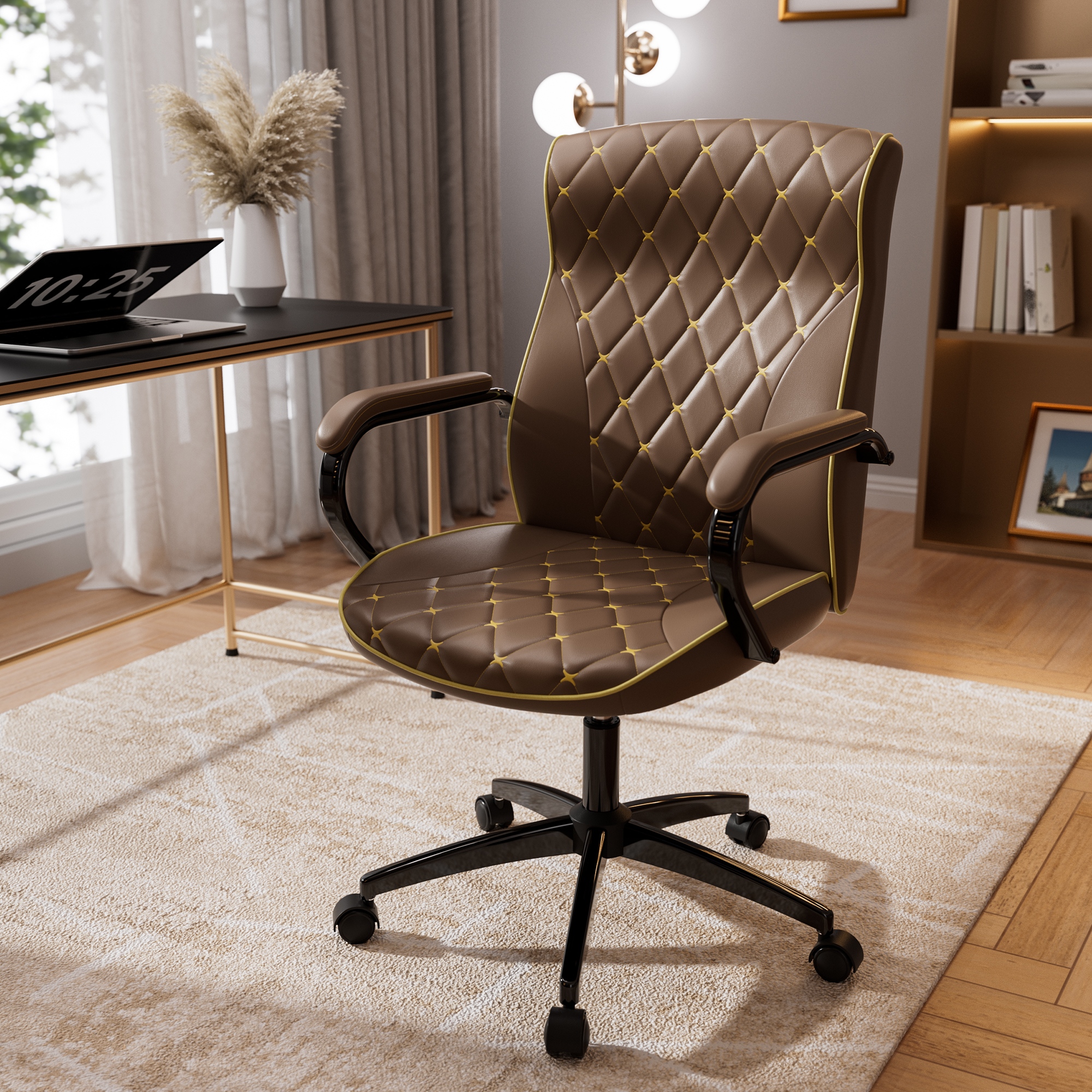 HomeZeer Office Chair with Wheels, Ergonomic High Back Executive Desk Chair with Padded Arms, Modern PU Leather Embroidery Computer Chair with Rocking Function, Brown