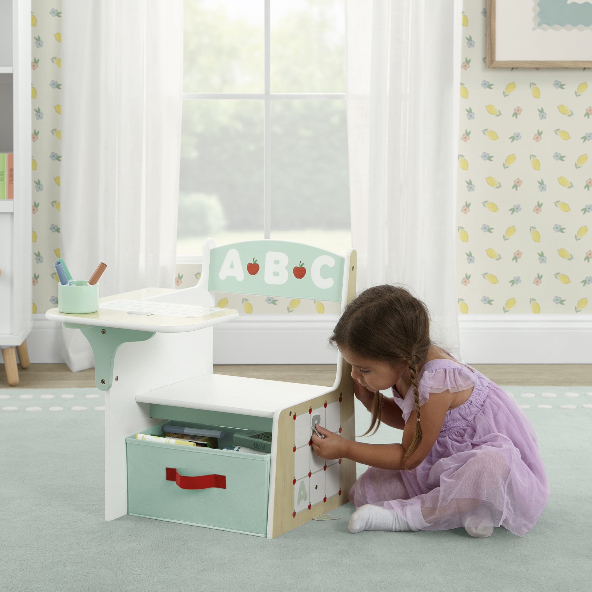Delta Children ABC Alphabet Chair Desk with Storage Bin, Natural & Sage Green