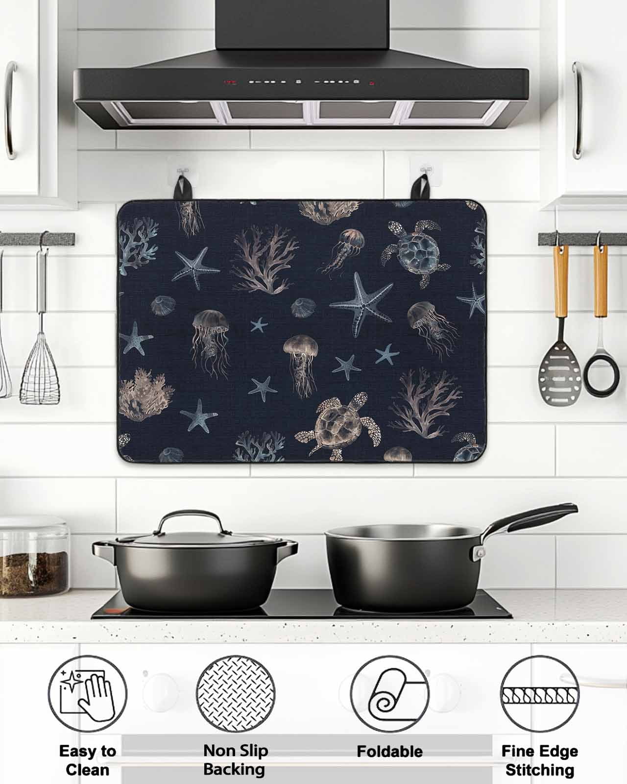 Stove Top Covers for Electric Stove, Navy Blue Coastal Glass Stovetop Cover Protector, Nautical Summer Beach Sea Turtle Starfish Induction Cooktop Protector Oven Mat for Kitchen Countertop 24"x21"