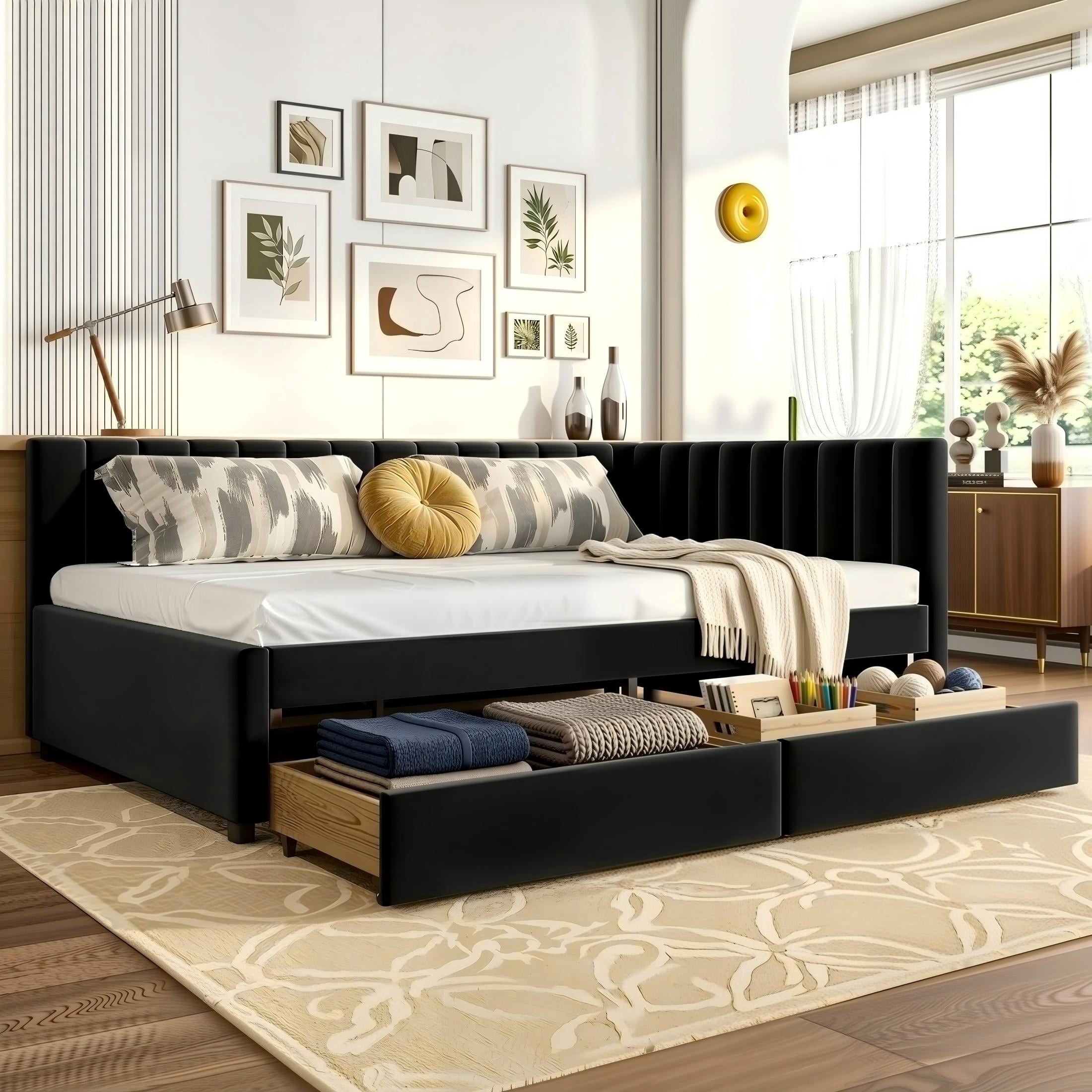 Aukfa Full Size Upholstered Daybed with 2 Storage Drawers, Velvet L-Shaped Channel-Tufted Headboard, Black
