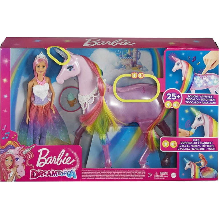 Barbie Dreamtopia Magical Lights Unicorn with Rainbow Mane, Lights &  Sounds, Princess Doll with Pink Hair and Food Accessory, Gift for 3 to 7  Year
