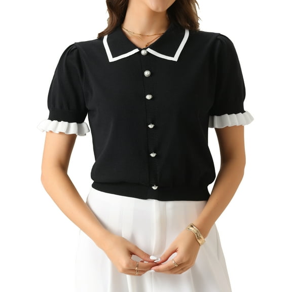 DARING DIVA Women's Elegant Short Sleeve Collared Sweater Top XS Black
