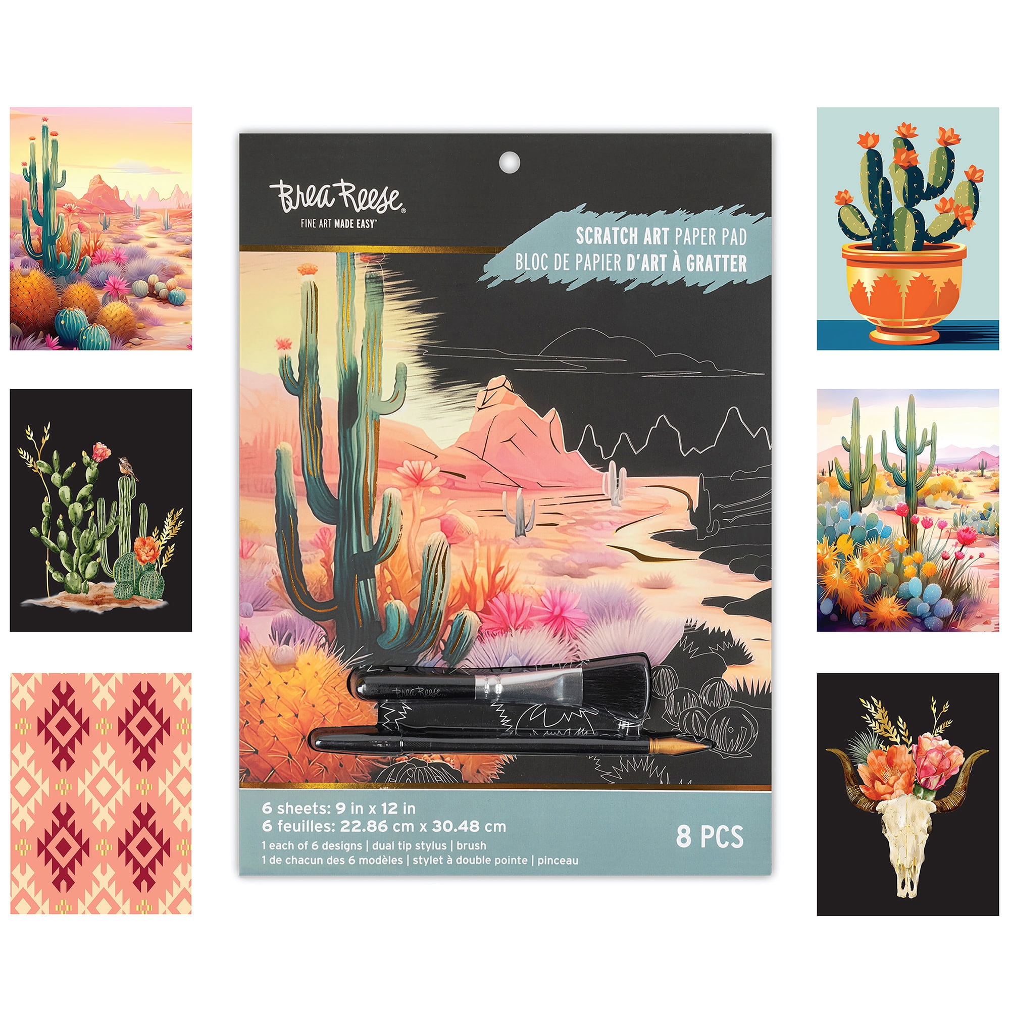 Brea Reese: Scratch Art Paper Pad - Cactus - 6 Landscape Designs, Guided Art, Metallic Accents, Dual-Tip Stylus & Brush, 9x12" Pages, Adult Craft