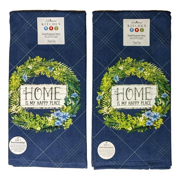 Set of 2 HOME IS MY HAPPY PLACE Wreath Terry Kitchen Towels by Kay Dee Designs