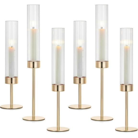 Gold Taper Candle Holders: Candlestick Holders Set of 6 Hurricane Glass Tall Candle Holder for Candlesticks Candle Sticks Holder Decor for Table Centerpiece Wedding Party Christmas Decorations