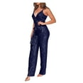 thumbnail image 2 of PXLKNZH Womens Solid Sequin Romper Casual Slim Fit Wrap V Neck Sleeveless Jumpsuit Elegant Ladies Party Clubwear Bodysuit Dark Blue,S, 2 of 6