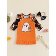 thumbnail image 3 of Suealasg 3Pcs Newborn Baby Girls Halloween Outfits Clothes Set 3 6  12 18 Months Infant Girls Flying Sleeve Romper +Ghost Pattern Ruffled Overall Dress +Bow Headband Set, 3 of 7