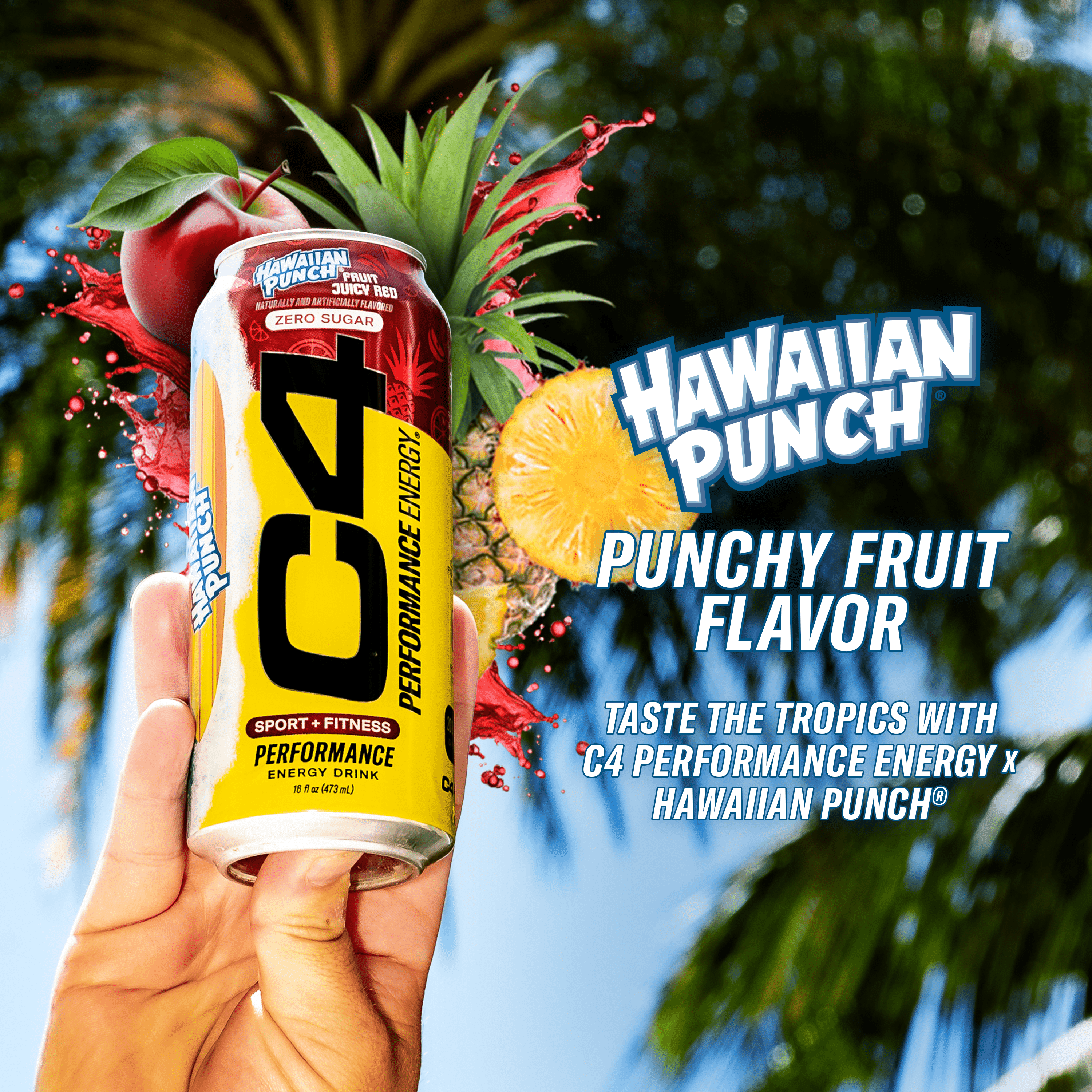 C4 Performance Energy Drink, Hawaiian Fruit Punch Juicy Red Flavor, Zero Sugar, Carbonated, 16 fl oz Can, 12 Pack