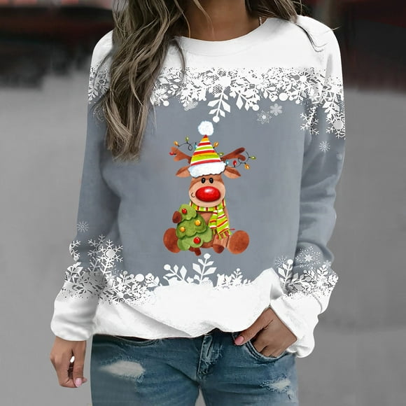 Tetras Tops for Women Trendy,Women's Winter Printed Loose T-Shirt,Long Sleeves Blouse,Round Neck Casual Tops
