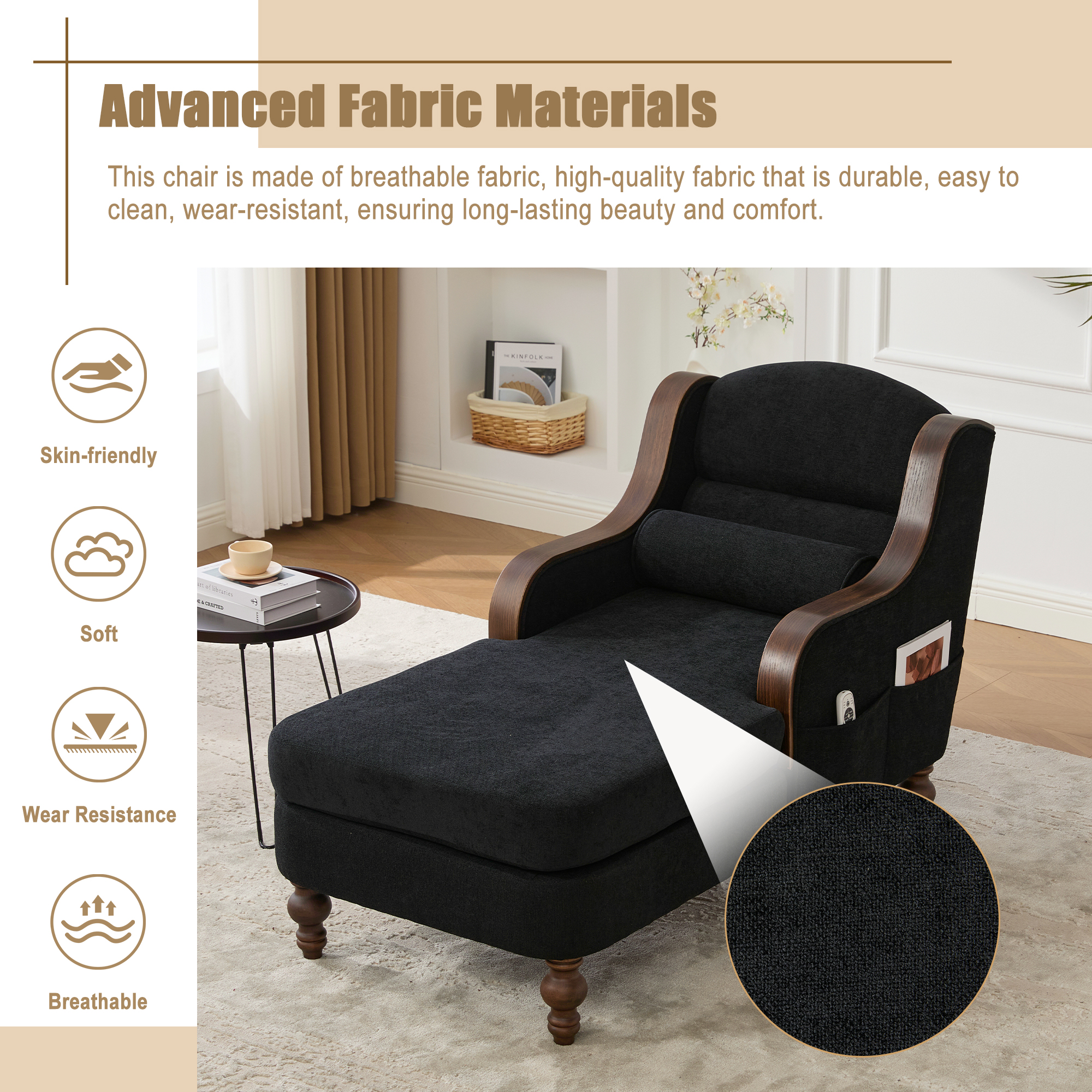 MOONMISS Chenille Upholstered Wood Frame Oversized Chaise Lounge with Side Pocket for Living Room,Bedroom-Black
