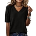 thumbnail image 3 of LEKODE Women's Plus Size Knit Sweater Pullover Top, V‑Neck Short Sleeve Ribbed Cuff for Daily Office Going Out, Casual Black 2XL, 3 of 9