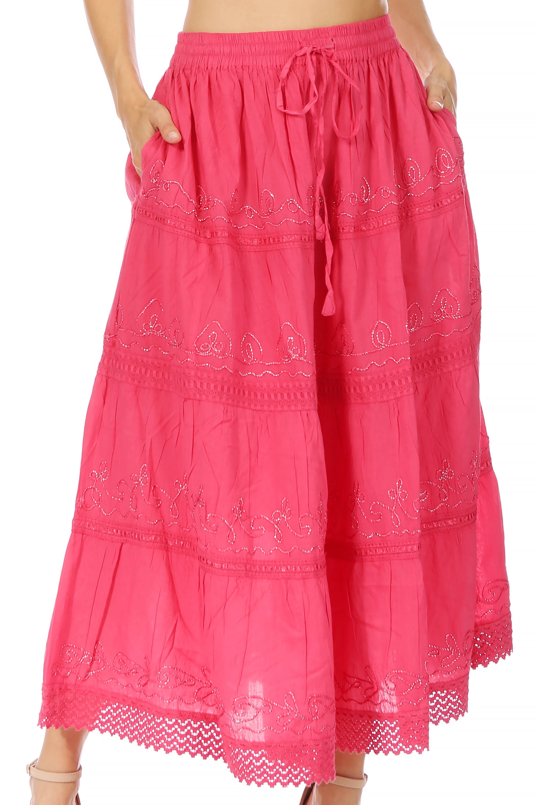 Sakkas Solid Embroidered Crochet Lace Trim Gypsy Bohemian Mid Length Cotton  Skirt - Pink - One Size - Walmart.com