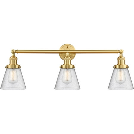 

Satin Gold Tone Bathroom Vanity 30 Wide Seedy Glass Steel/Cast Brass/Glass Medium Base LED 3 Light Fixture