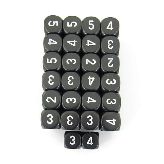 Black Opaque Dice with White Numbers D6 Averaging Dice (2-3-3-4-4-5) 16mm (5/8in) Pack of 50