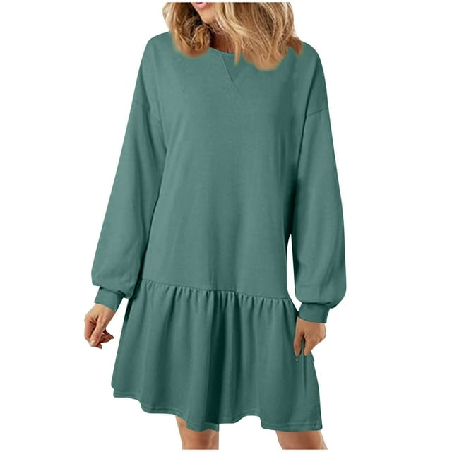 Lovzfmll Robe Mode Femme Couleur Unie Manches Longues Col Rond Vert, 2TG