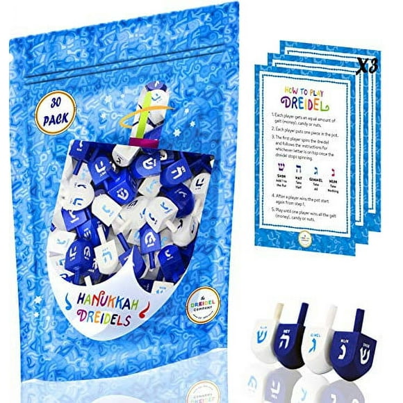 Wood Dreidel 30 Solid Blue & White Wooden Hanukkah Dreidels Hand Painted with English Transliteration - Includes x3 Game Instruction Cards! (30-Pack)