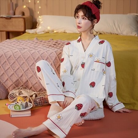 

PIKADINGNIS Womens Pajamas Set Autumn V-neck Lace Buttons Elastic Waist Sleepwear Set Cotton Womens Long Sleeve Nightwear Print Top Long