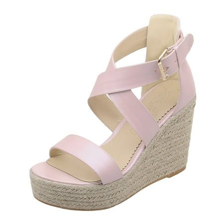 

Cathalem Fashion Women Summer Weave Wedges Breathable Buckle Strap Peep Toe Sandals Comfortable Beach Shoes Pink 38