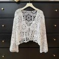 thumbnail image 1 of Women's Crochet Tops Bell Sleeve Summer Cardigan Tie Front Cropped Cover upvLightweight Top,Hollow Out,Boho,Summer Sweater(White,One Size), 1 of 3