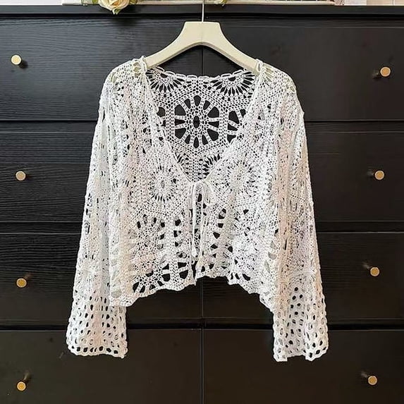 Women's Crochet Tops Bell Sleeve Summer Cardigan Tie Front Cropped Cover upvLightweight Top,Hollow Out,Boho,Summer Sweater(White,One Size)