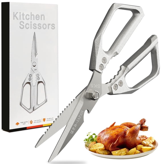 Kitchen Scissors all Purpose - Stainless Steel Kitchen Shear, Sharp Silver Meat Scissors Dishwasher Safe, Heavy Duty Poultry Shears, Japanese Cooking Scissor for Food, Chicken Bones, and Turke