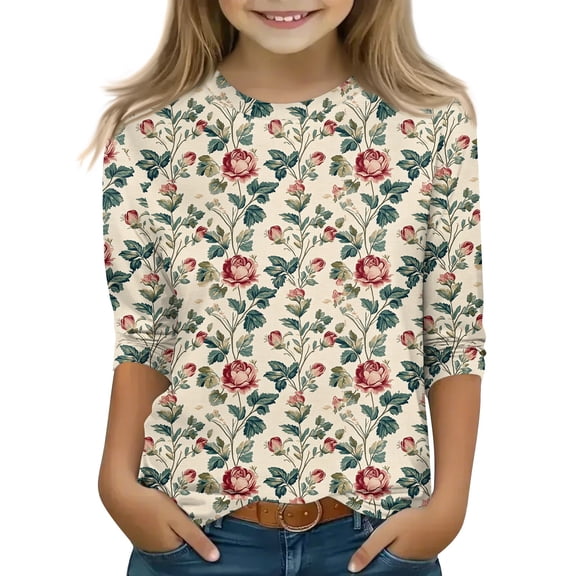 Iaqnaocc Shirts for Children Girls 10-12 3/4 Sleeve Cute Floral Print Tunic Tops Girls Clothes Fashion Round Neck Blouses Basic Casual Clothes for Teen Girls Khaki 9-10 Years