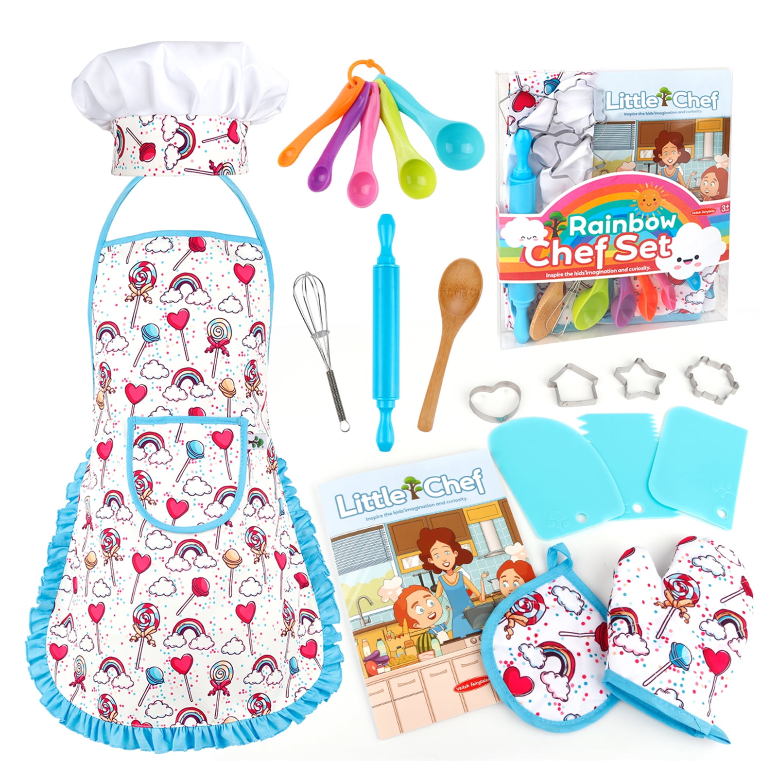 Chef Set Kitchen Cooking Baking Kit 25Pc Apron Hat Wooden Spoon Cookie Cutters 