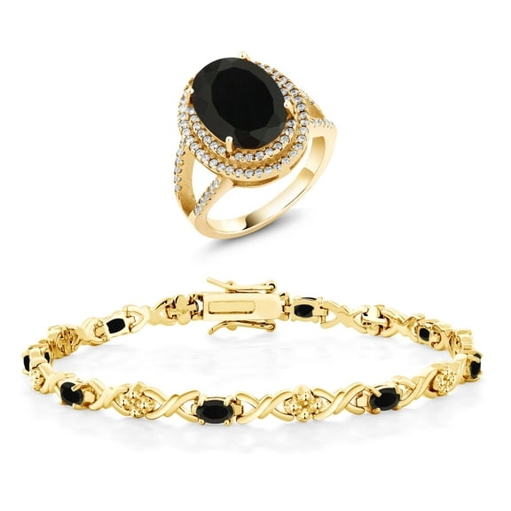 Gem Stone King 9.24 Ct Oval Black Onyx 18K Yellow Gold Plated Silver Ring and Bracelet Jewelry Set (Size 7)